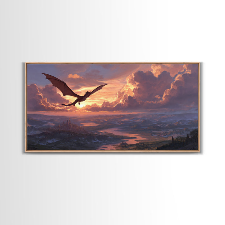 Black Dragon Gliding Above Sunset Kingdom Framed Canvas Print, Fantasy Landscape Wall Art, Castle Lake Decor, Epic Wall Decor