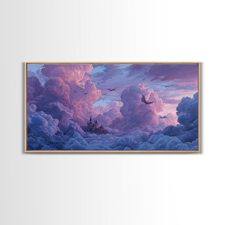 Dragons Soaring Through Lavender Clouds Canvas Print, Whimsical Fantasy Wall Art, Floating Castle Decor, Dreamy Sky Artwork