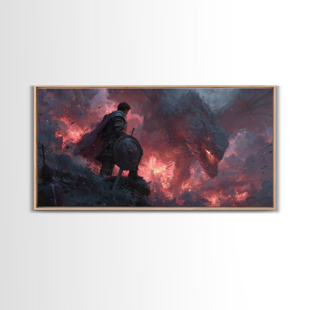 Lone Warrior Facing Shadow Dragon Framed Canvas Print, Dark Fantasy Wall Art, Gothic Battle Decor, Epic Medieval Artwork