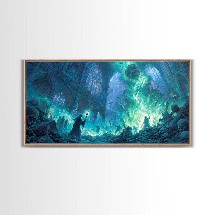 Gothic Cathedral Necromancer With Skulls Wall Art, Dark Fantasy Canvas Print, Occult Decor, Gamer Room, Spooky Gift For Halloween Decor