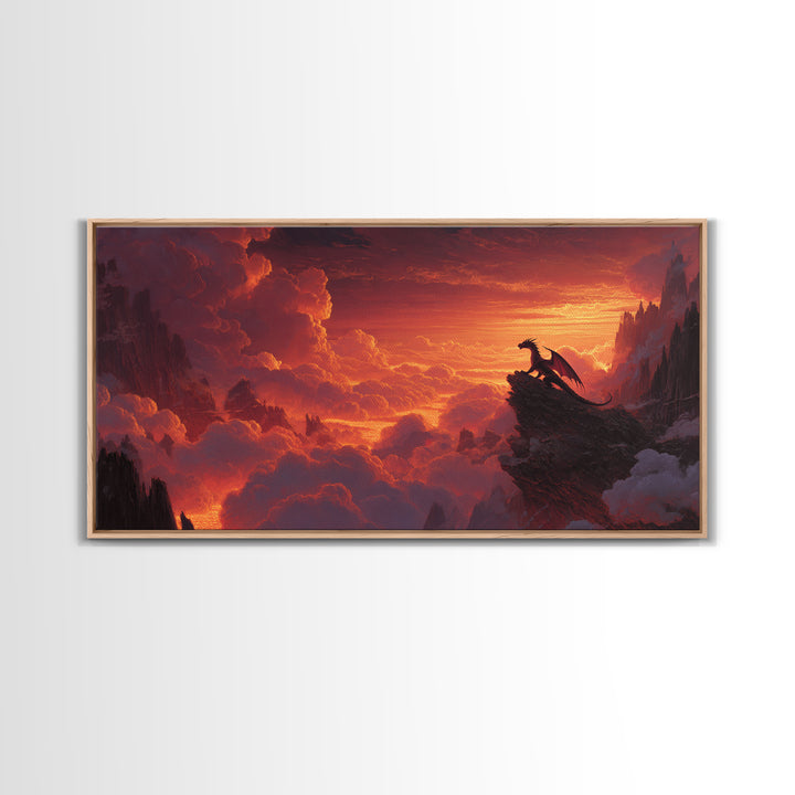 Lone Dragon On Cliff At Fiery Sunset Wall Art, Epic Fantasy Landscape, Medieval Castle Decor, Dramatic Canvas Print Gift