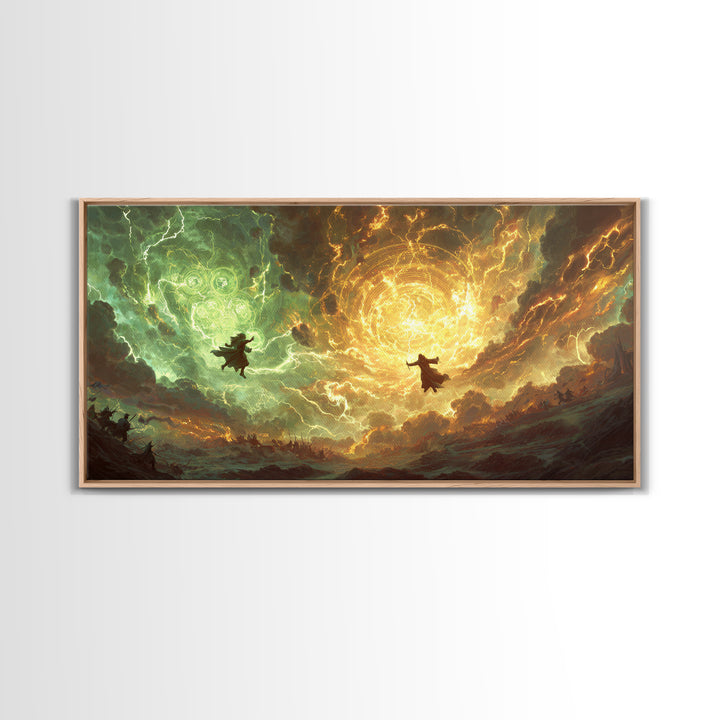 Soaring Wizards And Golden Magic Portal Wall Art, Mystical Fantasy Landscape, Spellcaster Canvas Print, Gaming Room Decor
