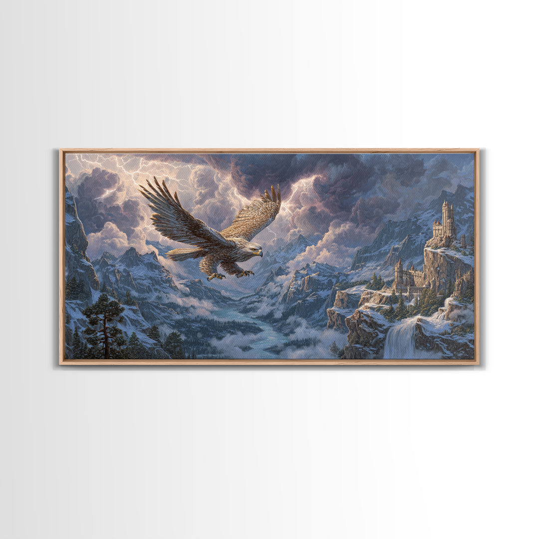 Giant Eagle Over Snowy Mountain Castle Framed Canvas Print, Epic Fantasy Landscape Wall Art, Wildlife Decor, Gift For Him
