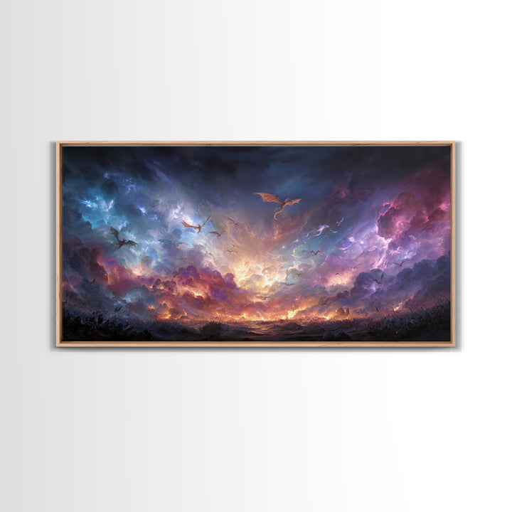 Dragons Flying Through Stormy Cosmic Sky Wall Art, Dark Fantasy Landscape Canvas Print, Surreal Decor, Gamer Room Art, Moody Wall Decor