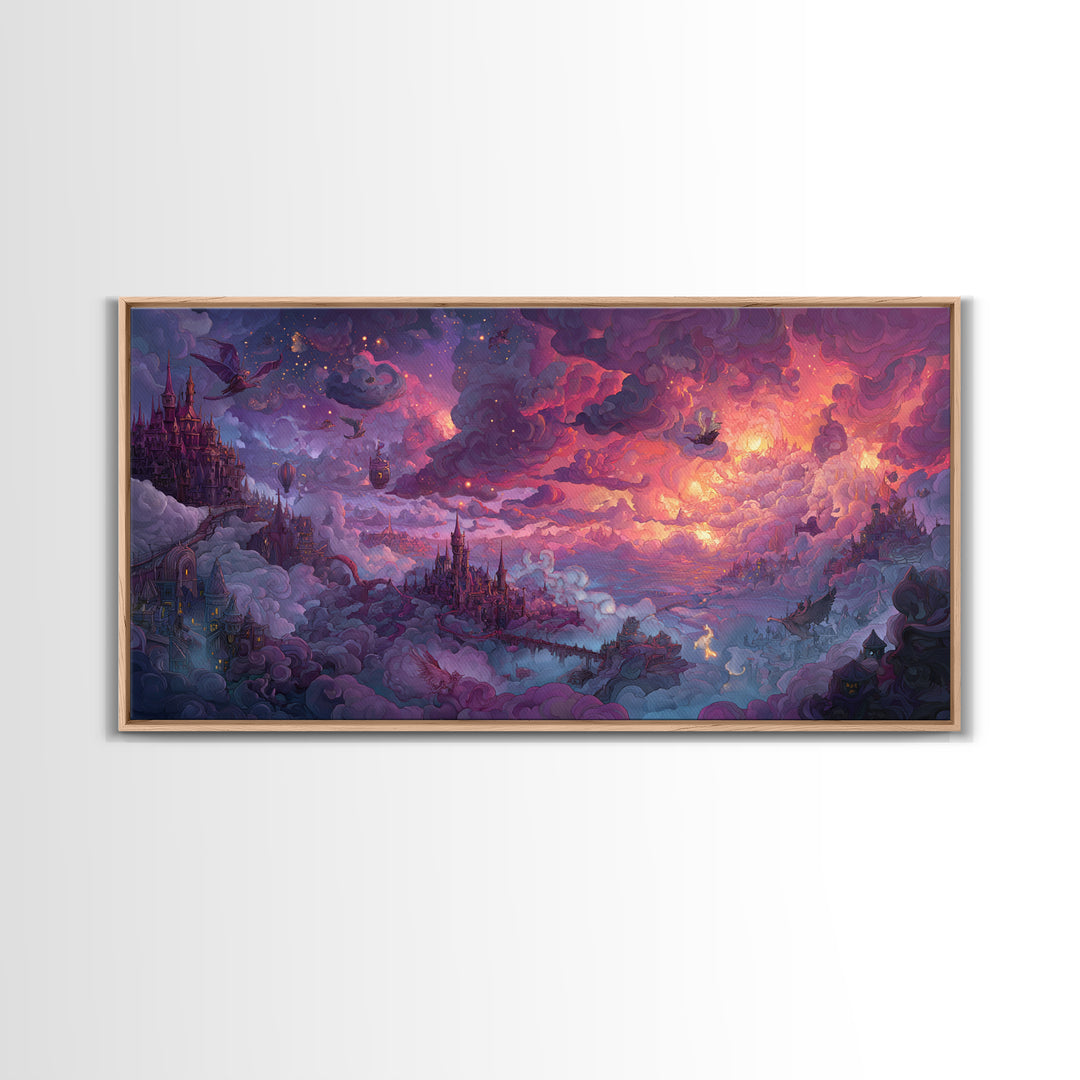Cloud Kingdom Castles In Pink Twilight Wall Art, Whimsical Fantasy Landscape Canvas Print, Dreamy Nursery Decor, Gift For Kids Room