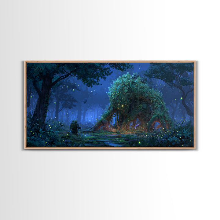 Glowing Forest Spirit Beneath Starry Trees Wall Art, Whimsical Fantasy Canvas Print, Woodland Nursery Decor, Nature Gift