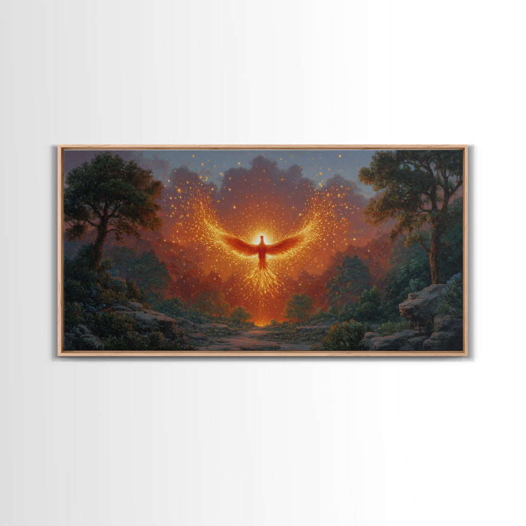 Glowing Phoenix Spirit In Enchanted Forest Wall Art, Fantasy Landscape Canvas, Mystical Home Decor, Magical Gift For Her