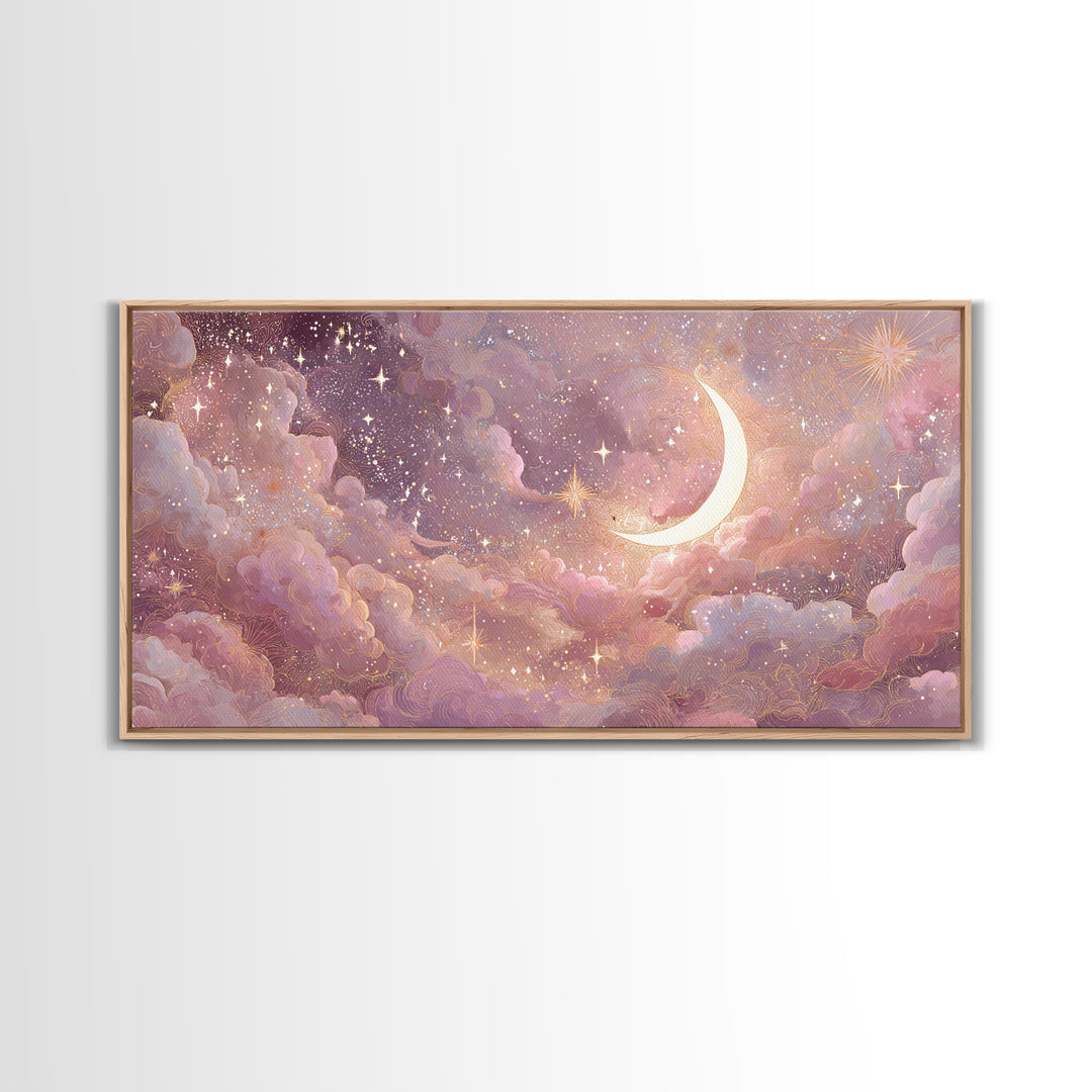 Pastel Crescent Moon And Starry Cloud Wall Art, Celestial Art Print, Whimsigoth Decor, Nursery Room Wall Decor, Gift For Her