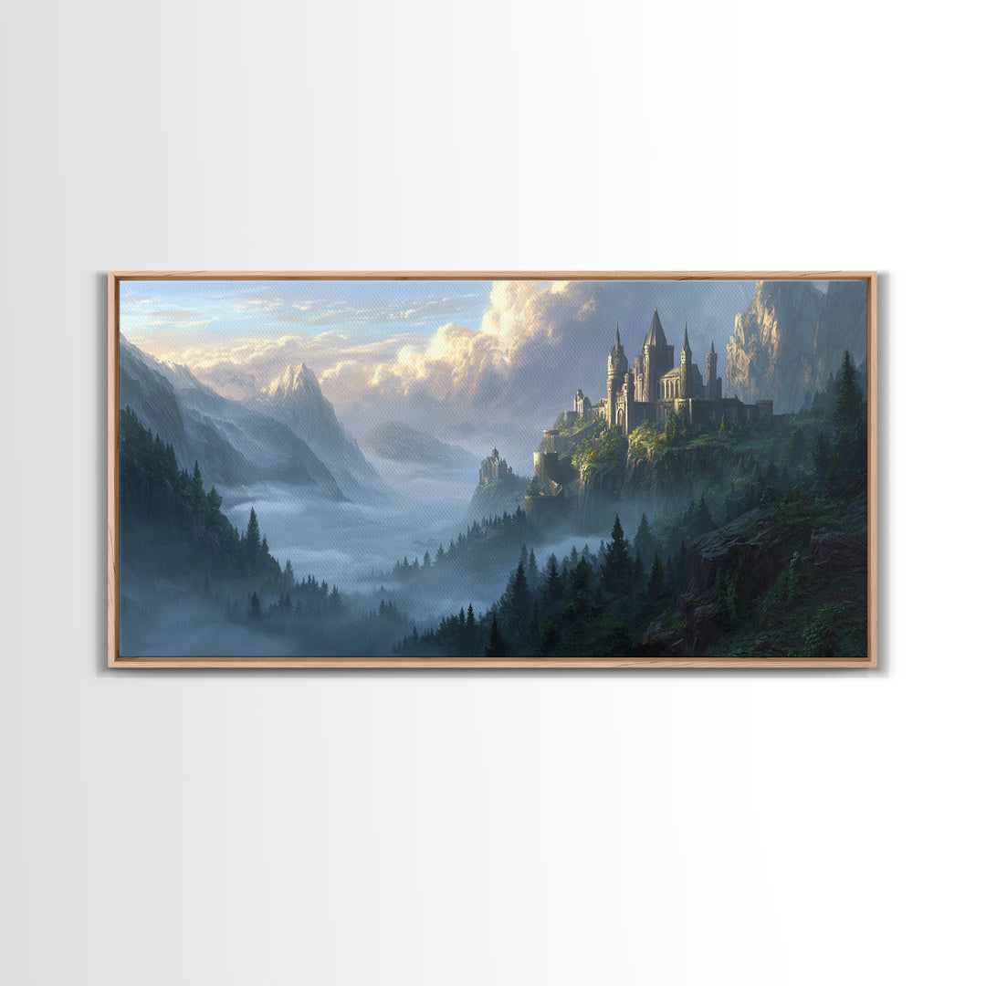 Misty Mountain Castle Above Forest Valley Framed Canvas Print, Fantasy Landscape Wall Art, Large Medieval Home Decor Housewarming Gift