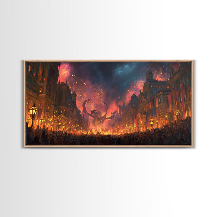 Fiery Dragon Festival In Grand City Wall Art, Dark Fantasy Canvas Print, Maximalist Decor, Gaming Room Poster Gift For Him