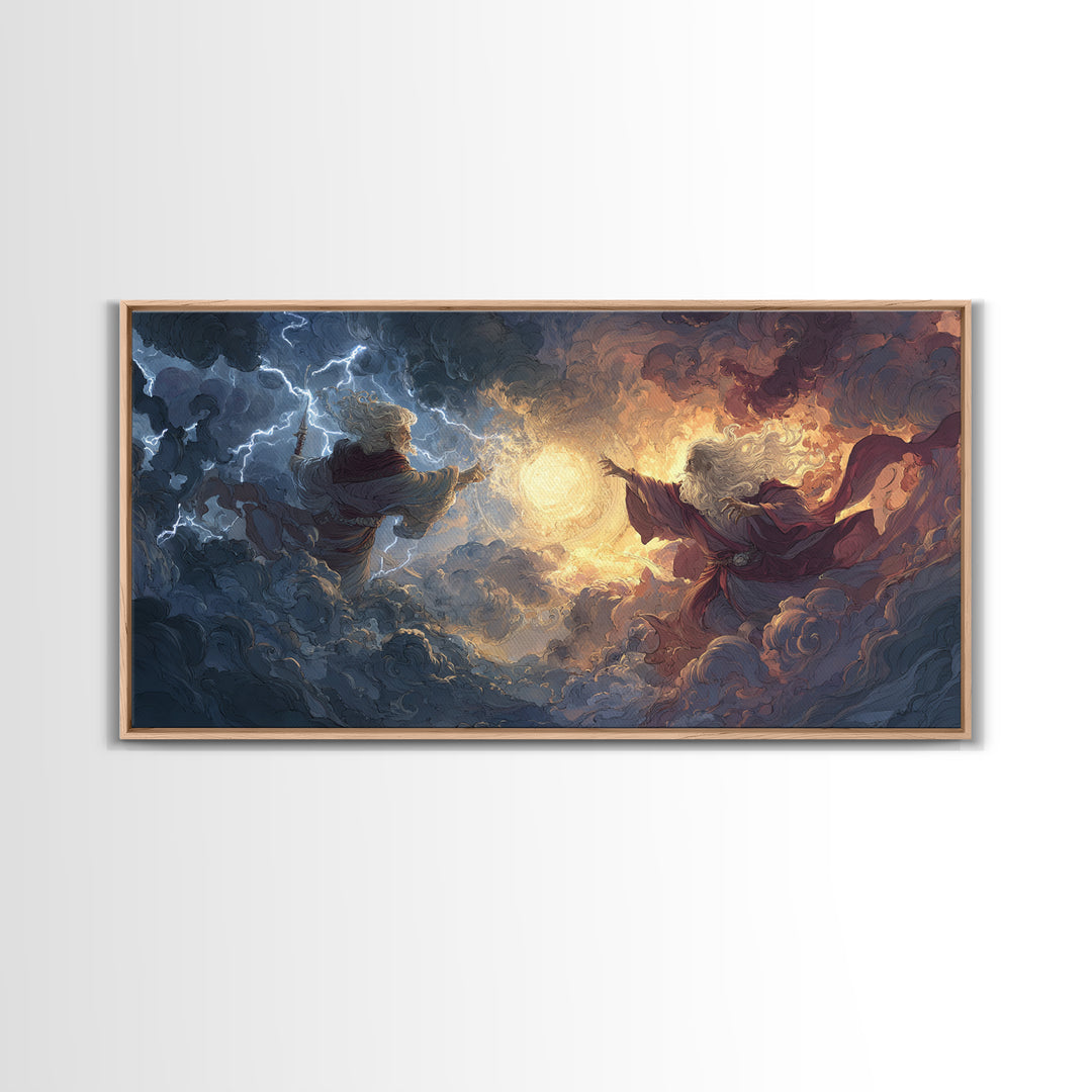 Storm Wizards Casting Light In Celestial Clouds Canvas Print, Fantasy Wall Art, Mystical Decor, Dramatic Surreal Art Gift