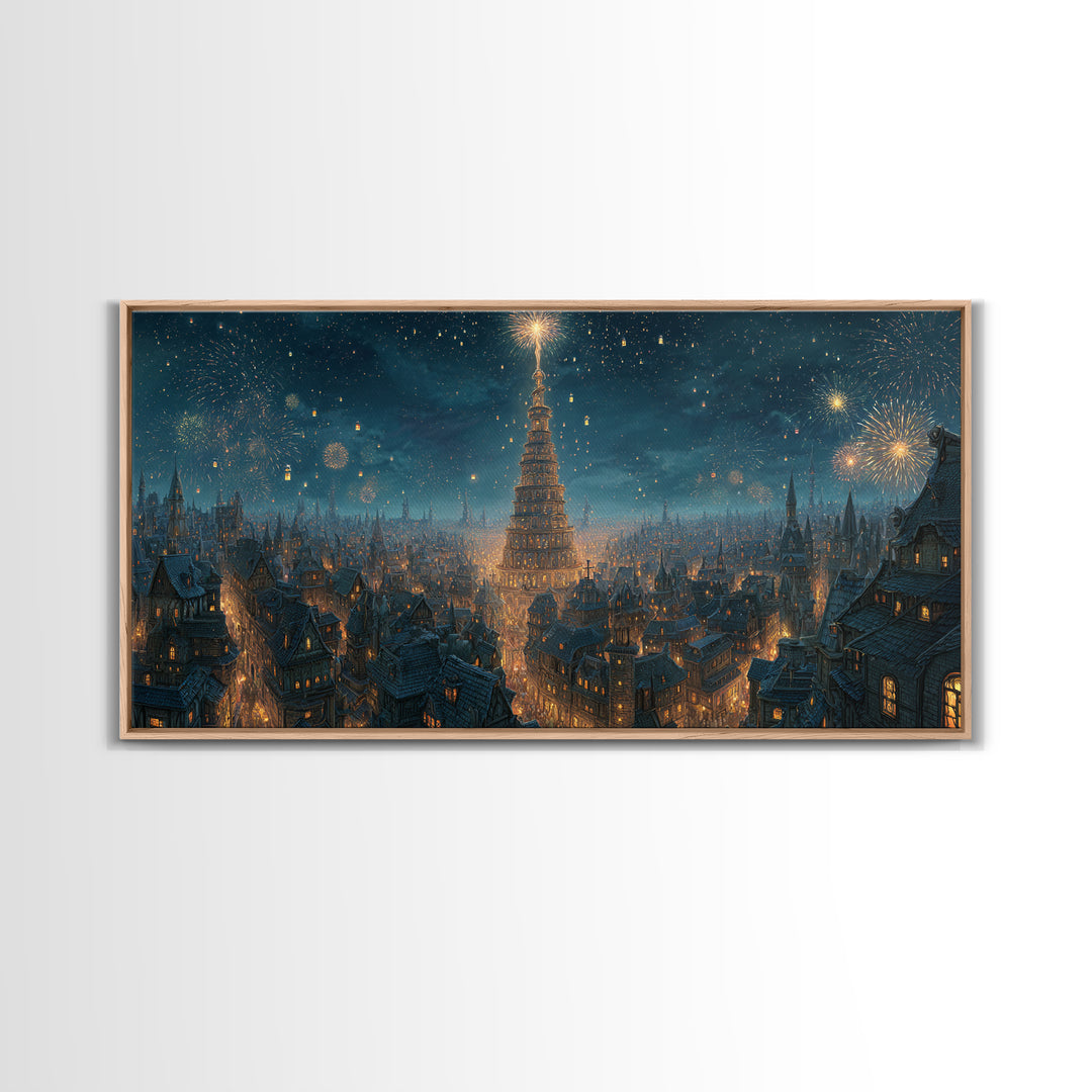 Starry Winter City With Towering Yule Tree Framed Canvas Print, Fantasy Wall Art, Holiday Decor, Magical Christmas Wall Decor Gift