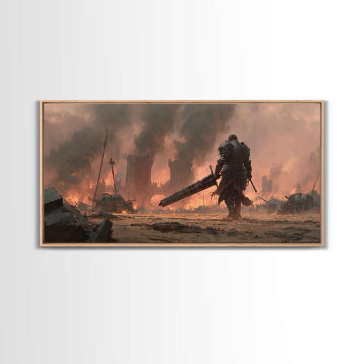 Armored Warrior With Giant Sword In Burning Ruins Canvas Print, Dark Fantasy Wall Art, Medieval Game Room Decor Gift For Him