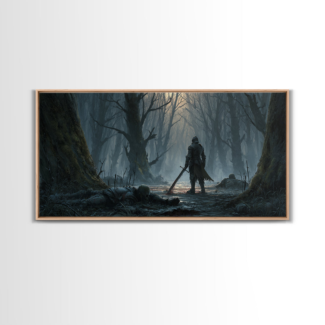 Lone Knight In Haunted Swamp Forest Wall Art, Dark Fantasy Canvas Print, Gothic Decor, Moody Medieval Home Decor Gift For Him
