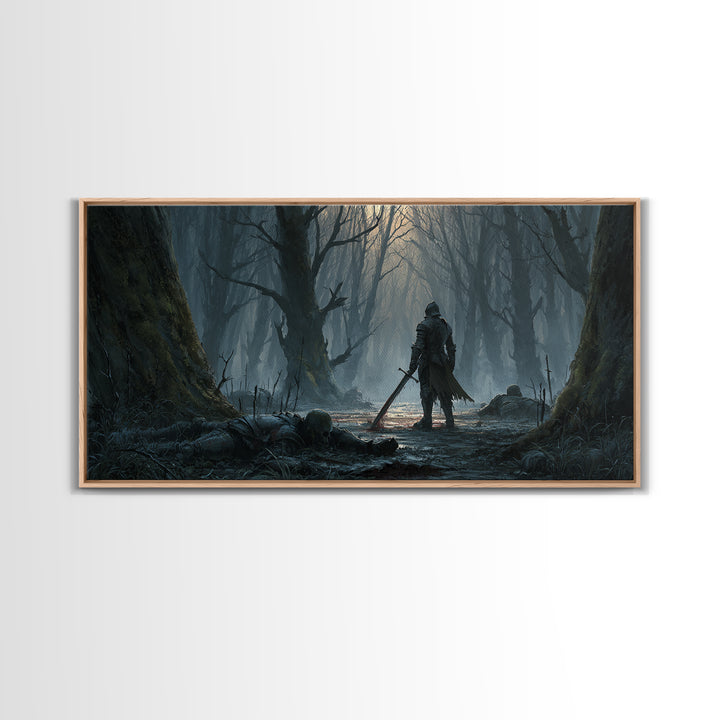 Lone Knight In Haunted Swamp Forest Wall Art, Dark Fantasy Canvas Print, Gothic Decor, Moody Medieval Home Decor Gift For Him