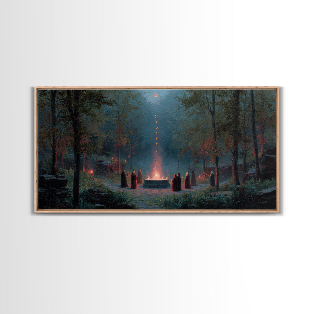 Hooded Druids Around Moonlit Forest Altar Wall Art, Dark Fantasy Canvas Print, Gothic Witchy Decor, Mystical Home Decor Gift