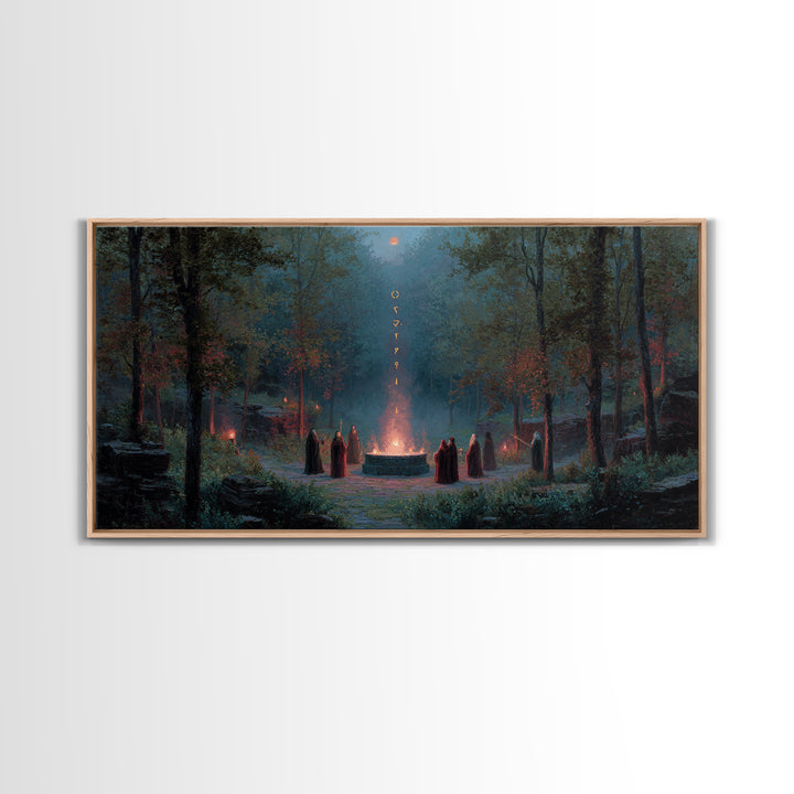 Hooded Druids Around Moonlit Forest Altar Wall Art, Dark Fantasy Canvas Print, Gothic Witchy Decor, Mystical Home Decor Gift