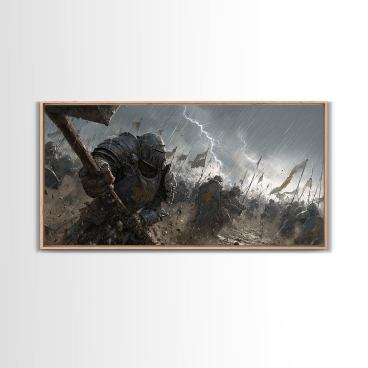 Knights In Rainy Lightning Battlefield Canvas Print, Medieval Fantasy Wall Art, Epic Dark War Decor, Game Room Gift For Him