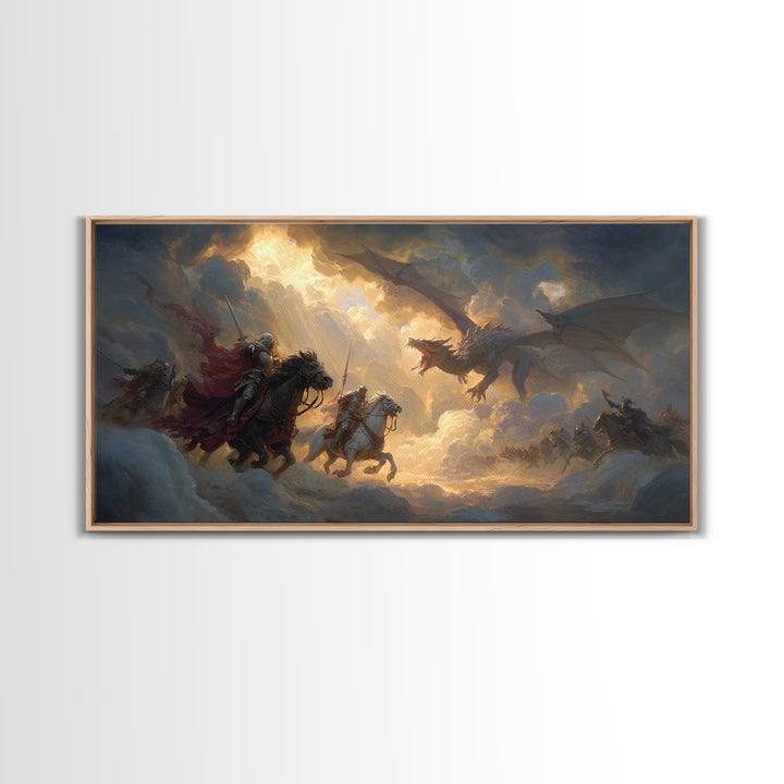 Knights Charging Toward Dragon In Stormy Sky Canvas Print, Epic Fantasy Wall Art For Gamer Room And Medieval Home Decor Gift