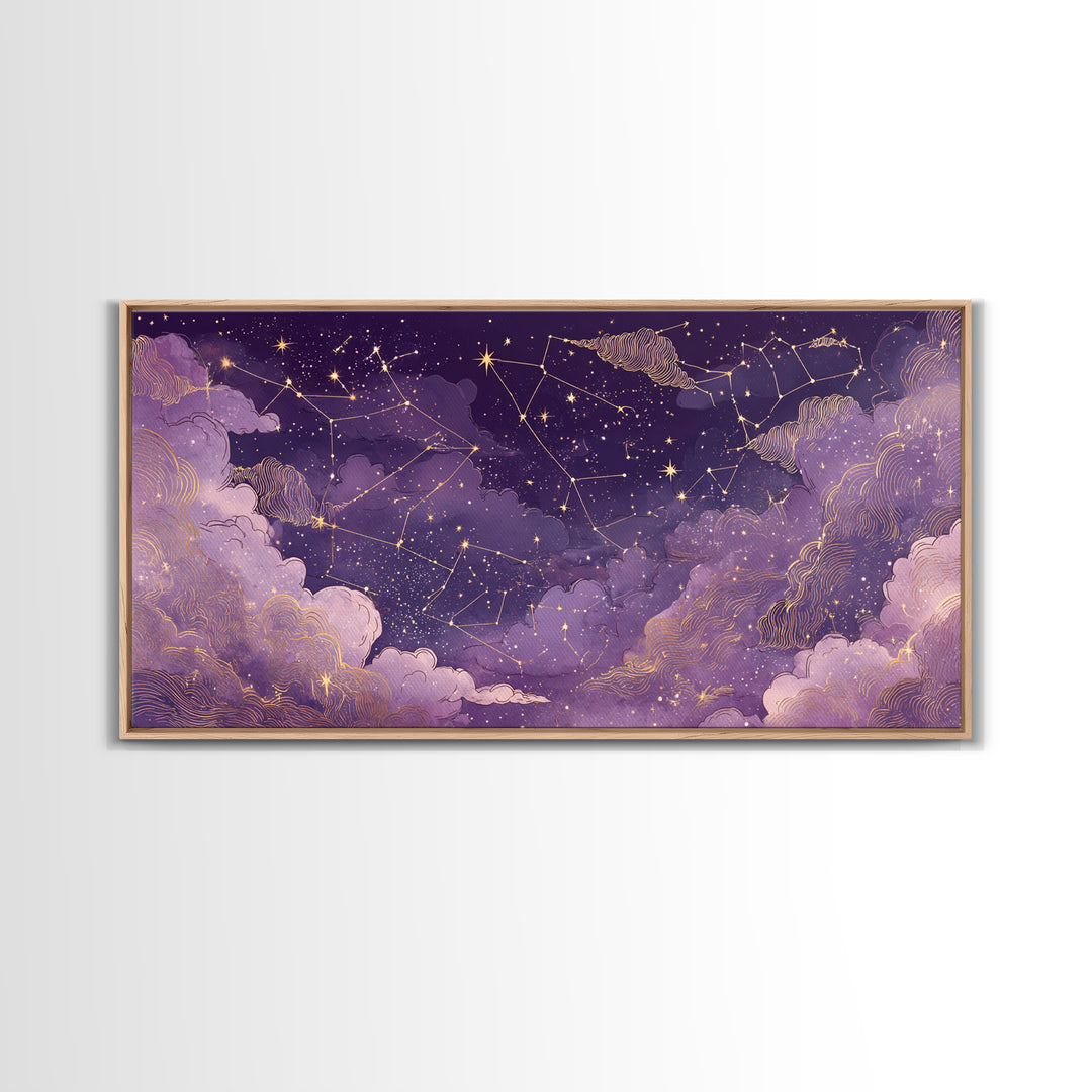 Purple Zodiac Constellation Night Sky Wall Art, Celestial Canvas Print, Astrology Wall Decor, Mystical Bedroom Decor, Gift For Her