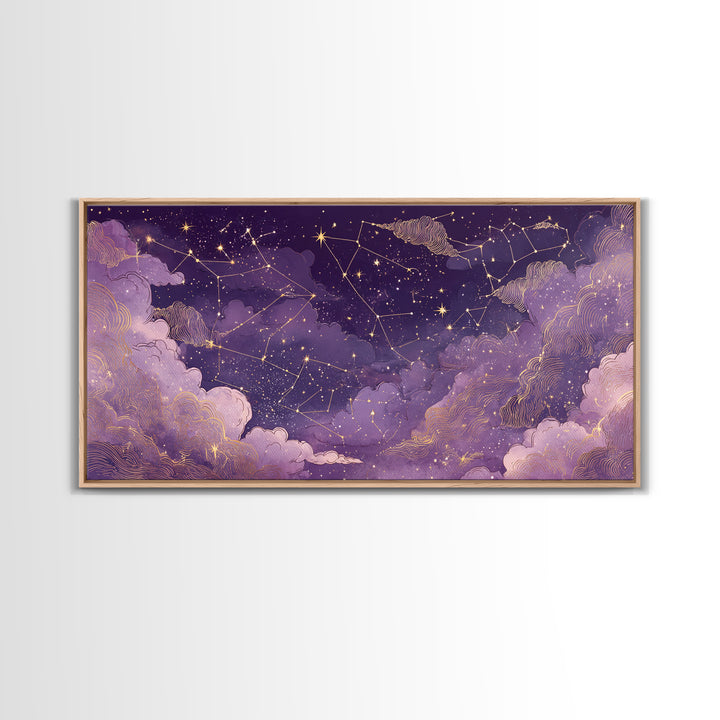 Purple Zodiac Constellation Night Sky Wall Art, Celestial Canvas Print, Astrology Wall Decor, Mystical Bedroom Decor, Gift For Her