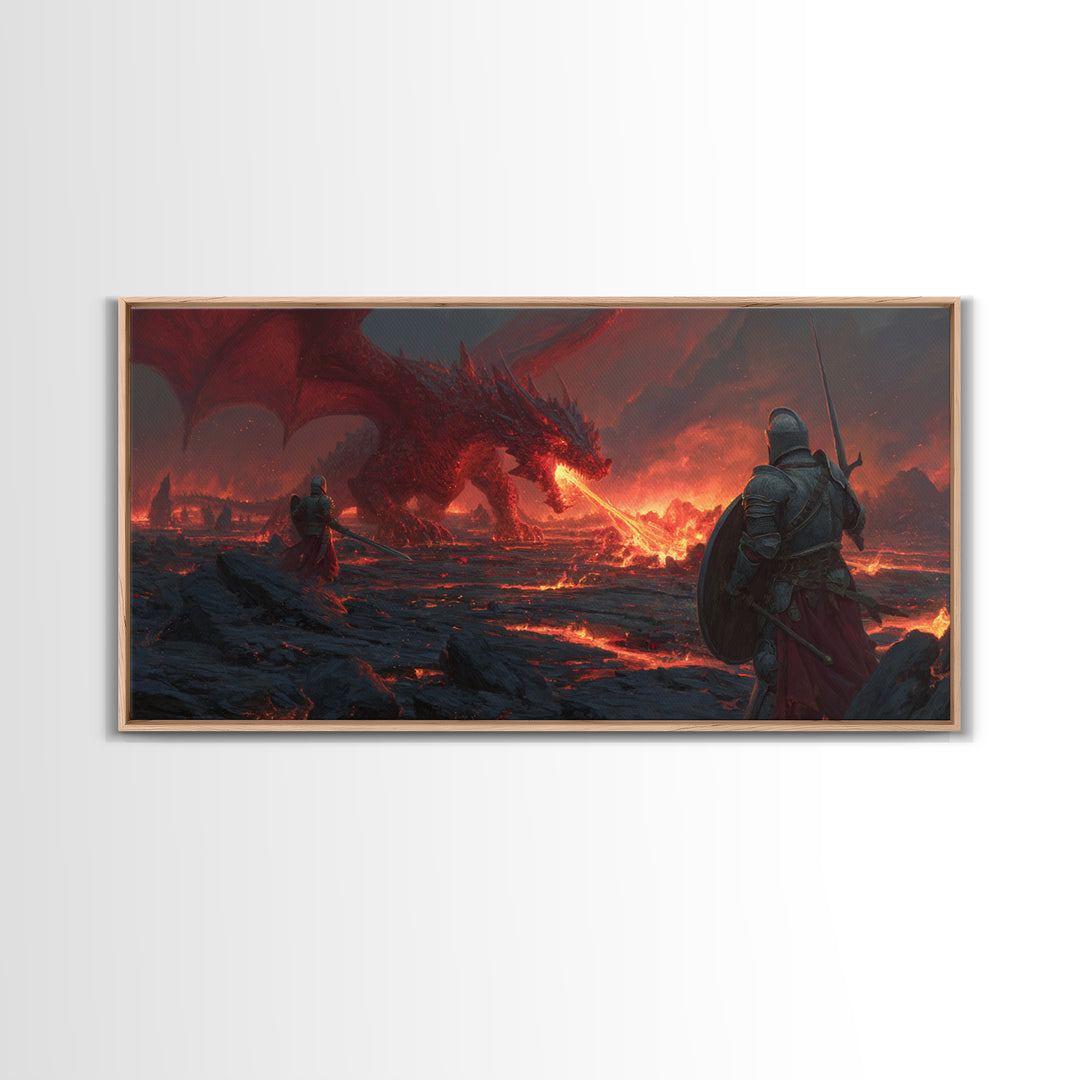 Armored Knights Facing Lava Dragon Canvas Print, Dark Fantasy Wall Art For Medieval Gaming Room And Dramatic Home Decor Gift