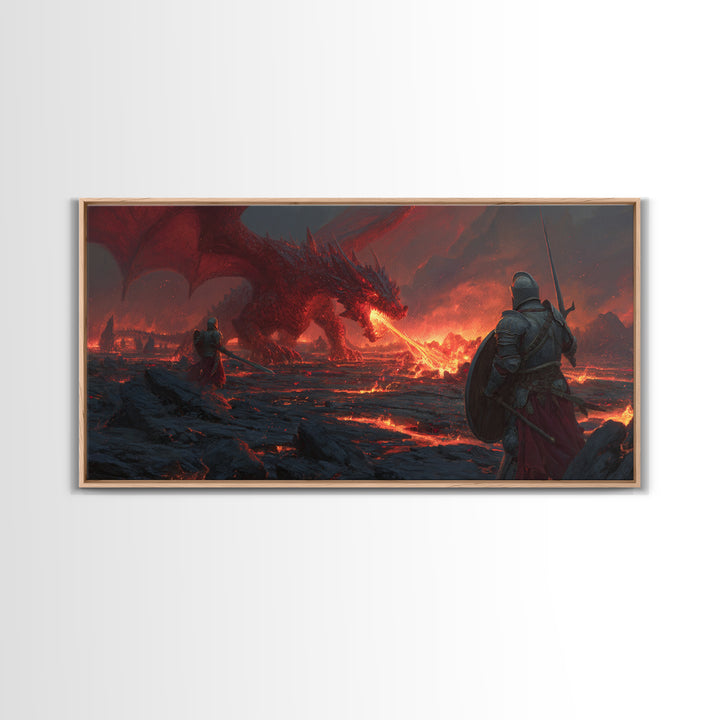 Armored Knights Facing Lava Dragon Canvas Print, Dark Fantasy Wall Art For Medieval Gaming Room And Dramatic Home Decor Gift