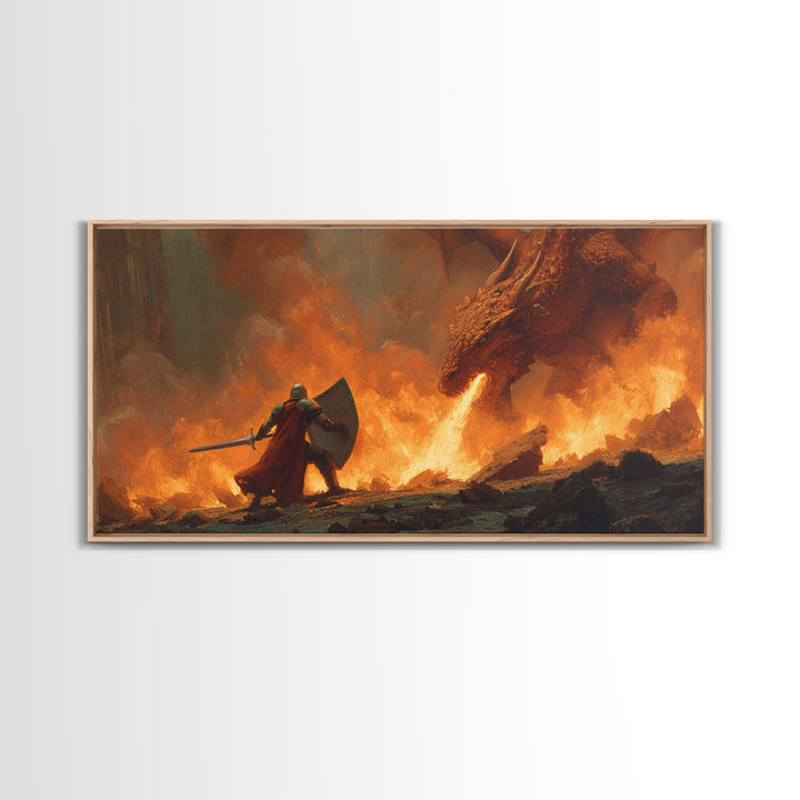 Knight With Shield Against Fire Dragon Wall Art, Epic Fantasy Canvas Print For Medieval Decor And Masculine Office Art Gift