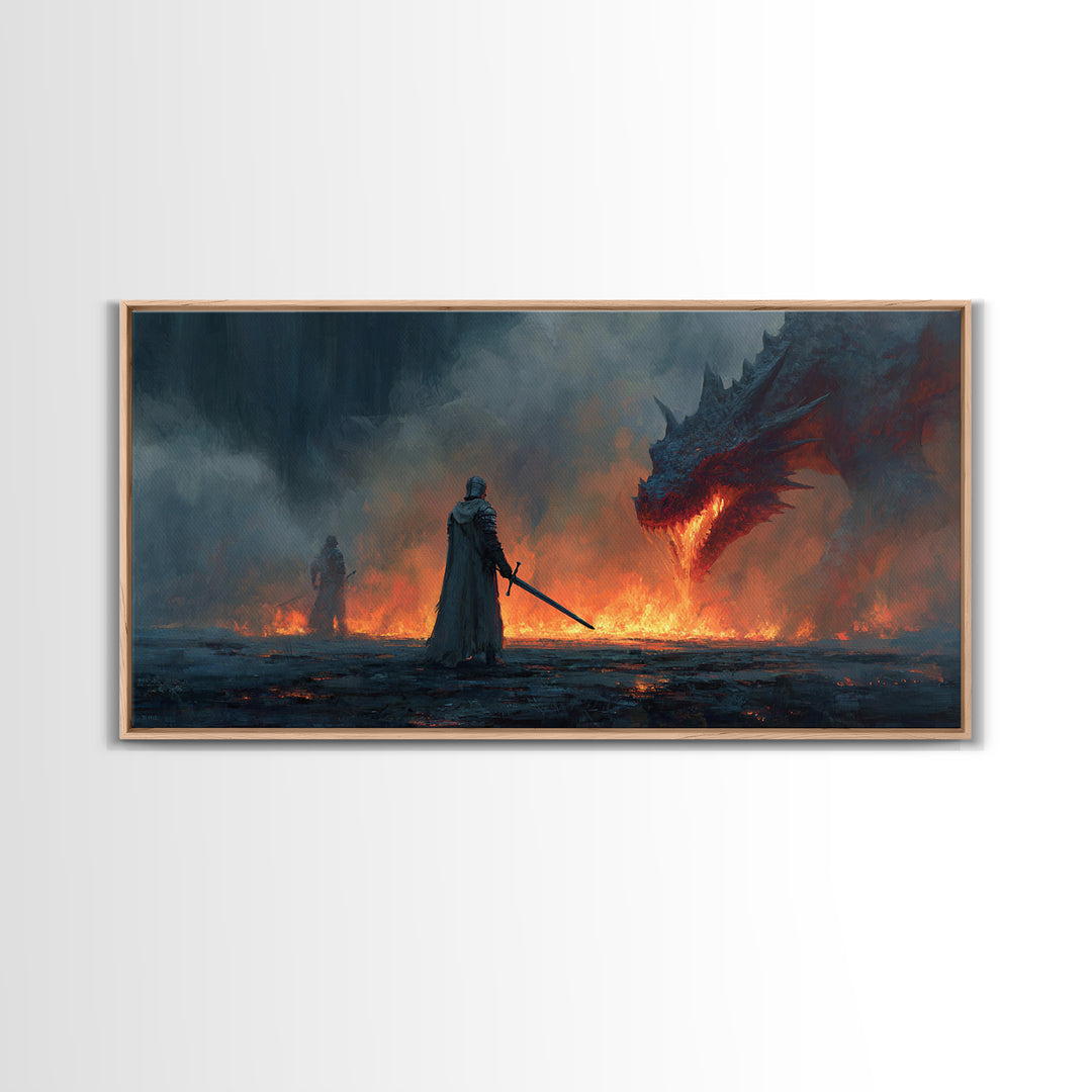 Cloaked Warrior Facing Blue Dragon Canvas Print, Moody Dark Fantasy Wall Art For Gamer Room Decor And Gothic Gift For Him