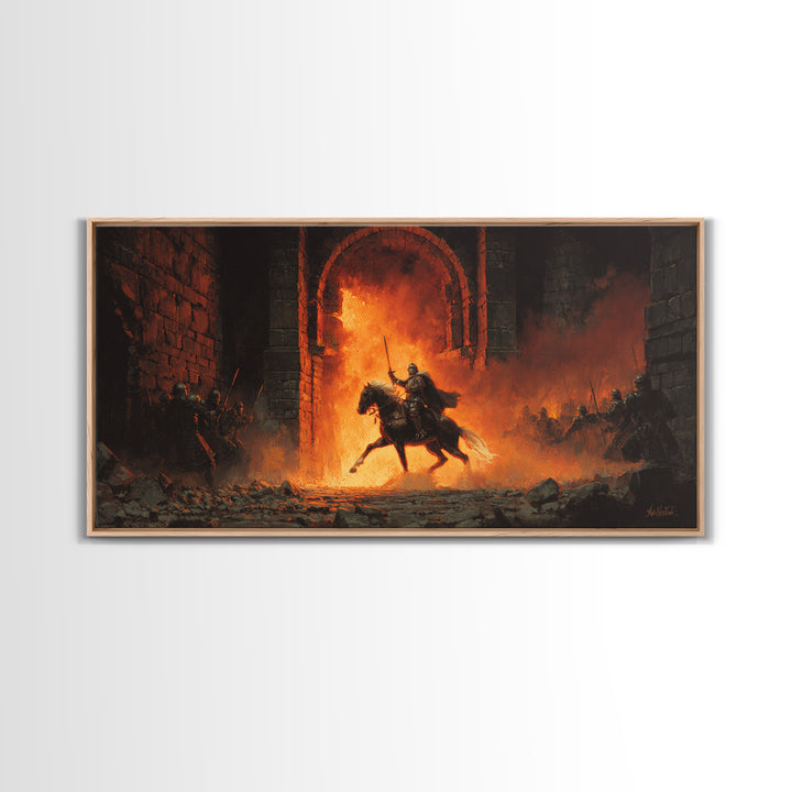 Mounted Knight Riding Through Fiery Gate Wall Art, Medieval Fantasy Canvas Print For Dark Castle Decor And Gamer Gift Idea
