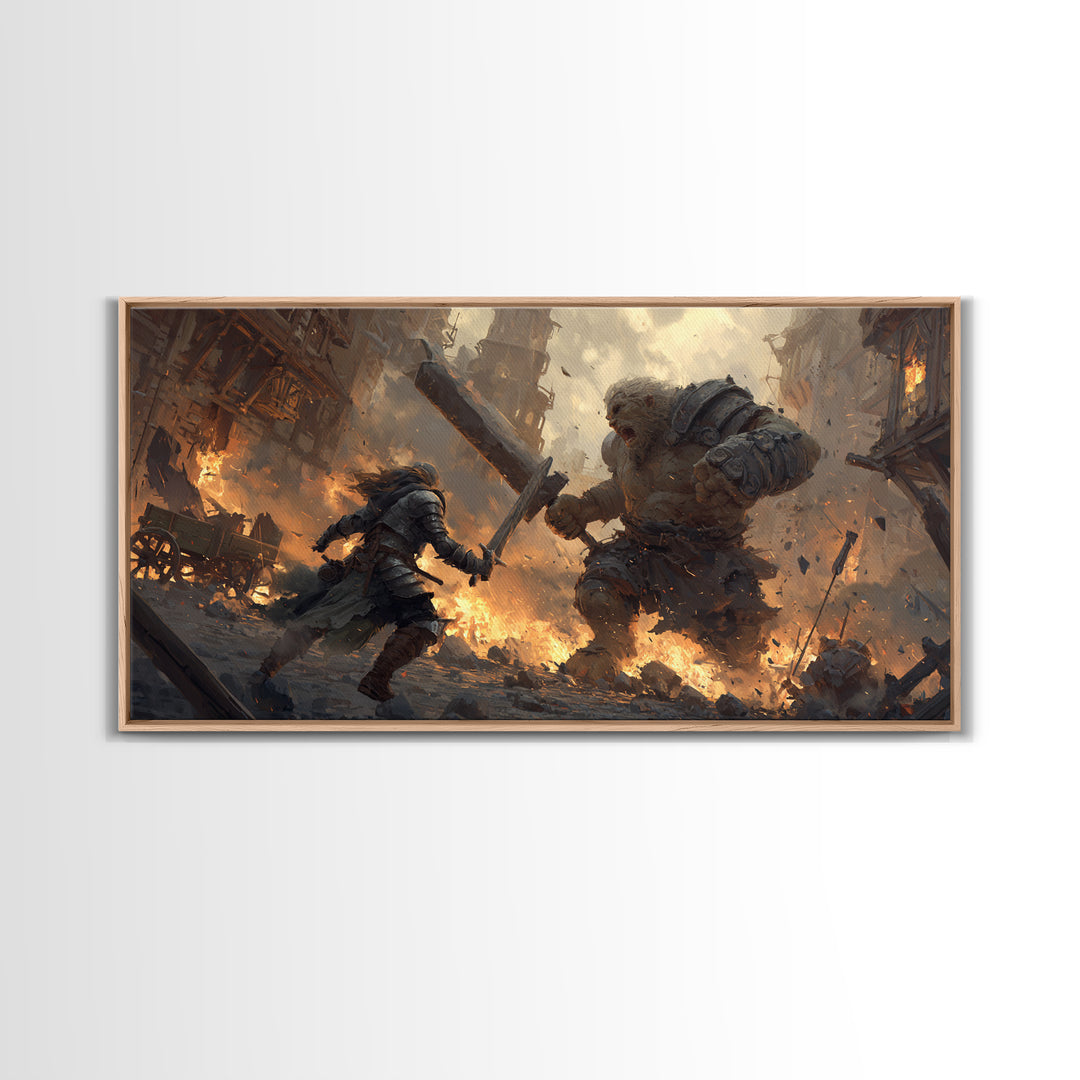 Armored Warrior Battling Giant Troll Canvas Print, Epic Fantasy Wall Art For Gaming Room Decor And Medieval Gift For Him
