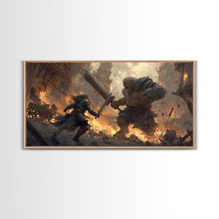 Armored Warrior Battling Giant Troll Canvas Print, Epic Fantasy Wall Art For Gaming Room Decor And Medieval Gift For Him