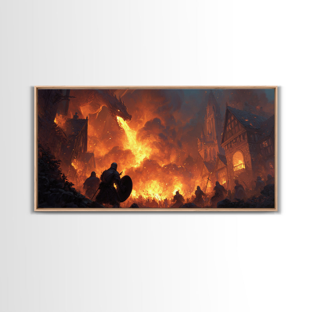 Dragon Burning Medieval Village Wall Art, Dark Fantasy Canvas Print For Gothic Castle Decor, Gamer Room, And Gift For Him