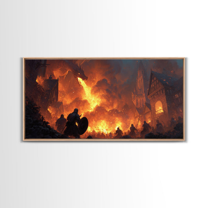 Dragon Burning Medieval Village Wall Art, Dark Fantasy Canvas Print For Gothic Castle Decor, Gamer Room, And Gift For Him