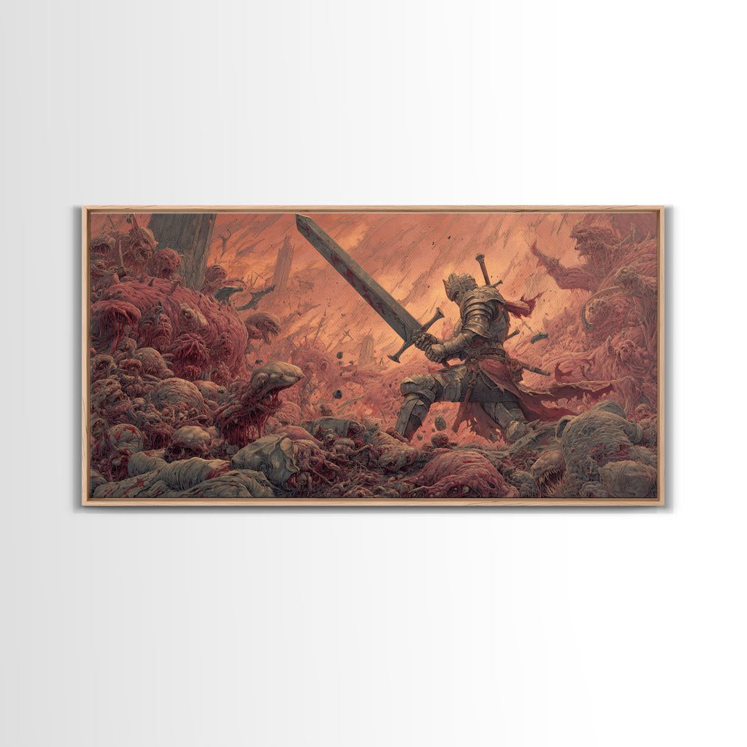 Armored Hero With Giant Sword Wall Art, Surreal Dark Fantasy Canvas Print For Monster Battle Decor And Gothic Gamer Gift