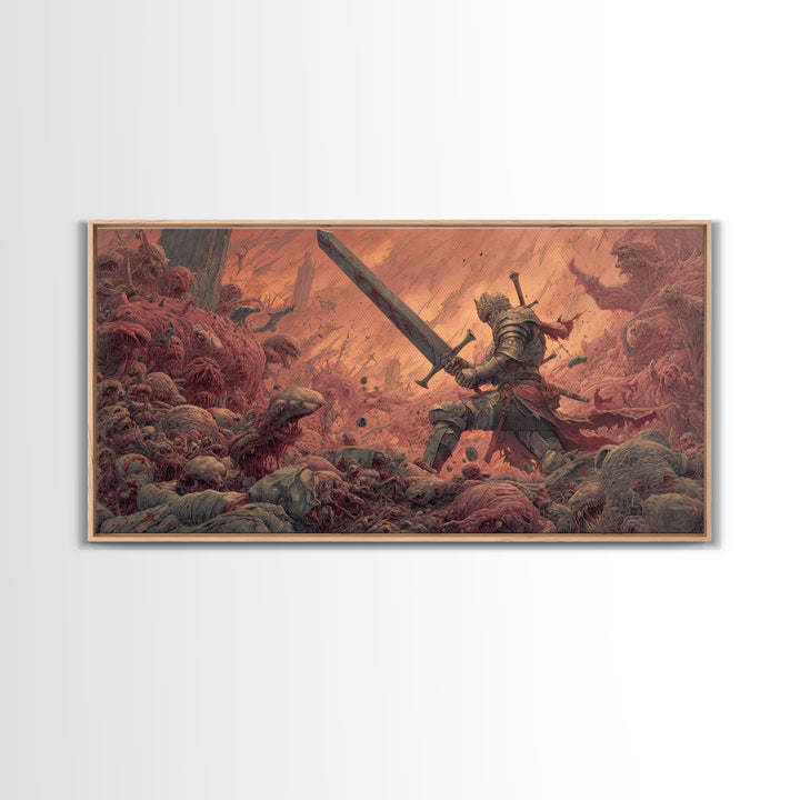 Armored Hero With Giant Sword Wall Art, Surreal Dark Fantasy Canvas Print For Monster Battle Decor And Gothic Gamer Gift