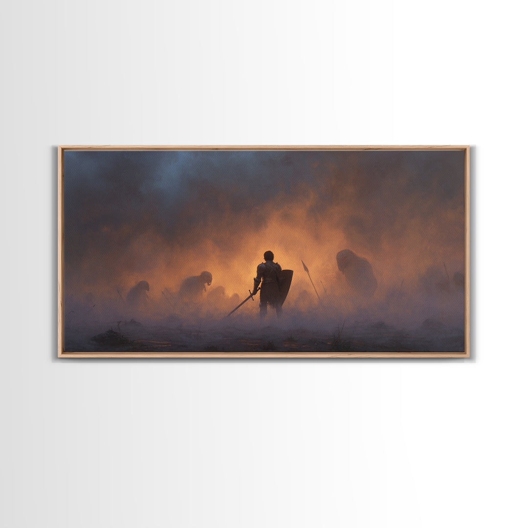 Lone Knight In Smoky Ember Battlefield Wall Art, Dark Fantasy Art, Medieval Warrior, Gothic Decor, Dramatic Canvas Print