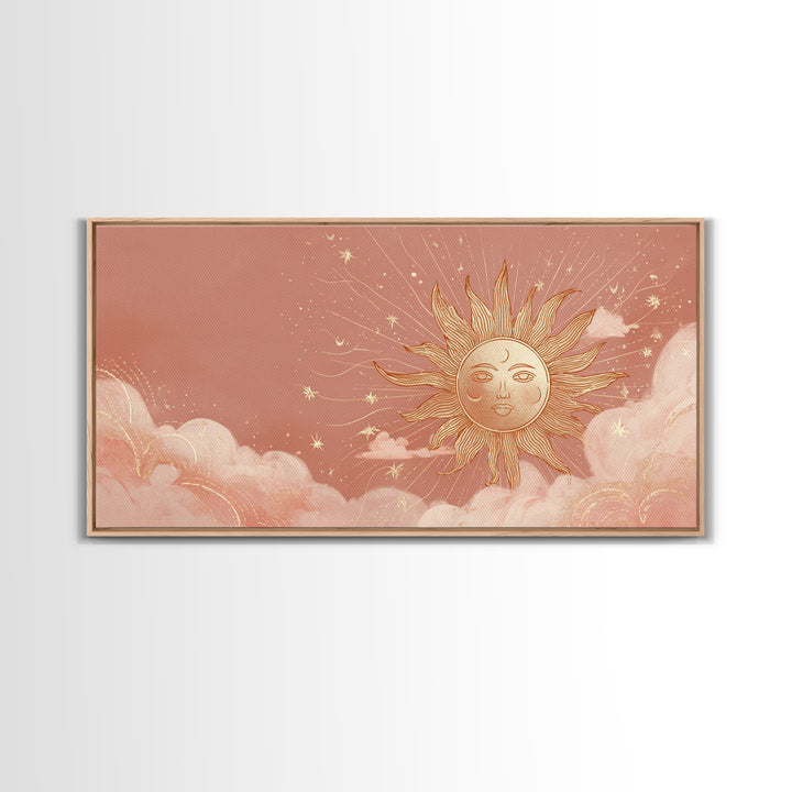 Peach Boho Sun Face In Cloudy Sky Wall Art, Celestial Art Print, Nursery Wall Decor, Whimsical Kids Room Decor Gift For Her