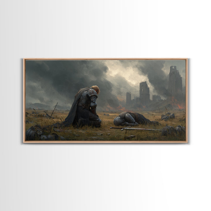 Kneeling Knight Beside Fallen Comrade Wall Art, Dark Fantasy Landscape, Medieval Ruins, Moody Wall Decor, Large Canvas Print
