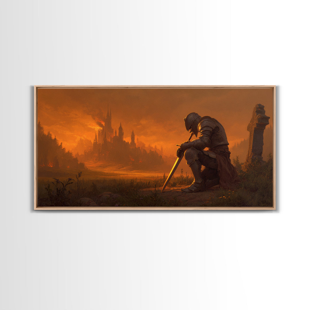 Kneeling Knight Before Burning Castle Canvas Print, Dark Fantasy Art, Medieval Landscape, Gothic Wall Decor, Office Decor