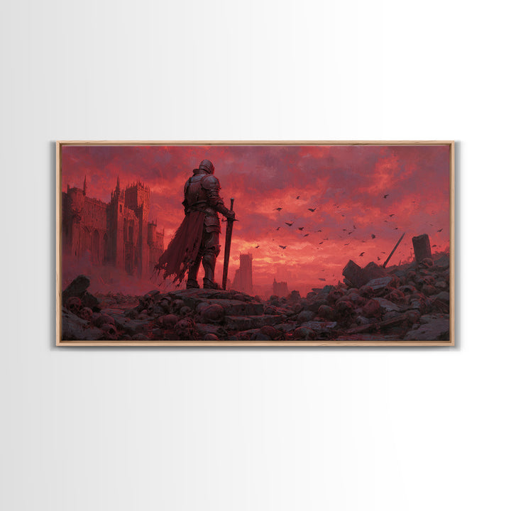 Knight Standing Among Skulls At Red Ruins Wall Art, Dark Fantasy Art, Gothic Decor, Medieval Warrior, Dramatic Canvas Print