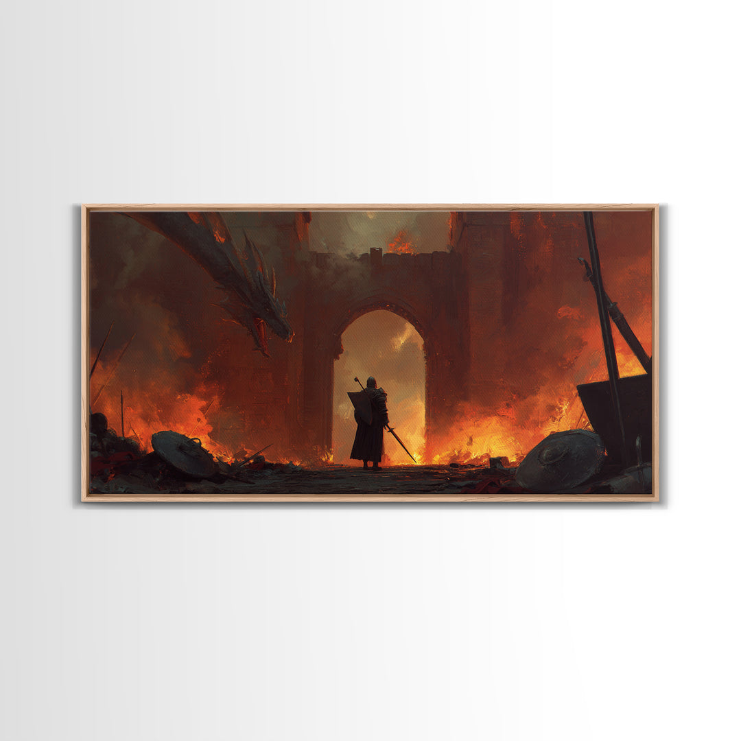 Knight Facing Dragon At Burning Gate Framed Canvas Print, Dark Fantasy Art, Medieval Castle, Gothic Wall Decor, Epic Gift