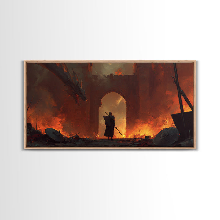 Knight Facing Dragon At Burning Gate Framed Canvas Print, Dark Fantasy Art, Medieval Castle, Gothic Wall Decor, Epic Gift