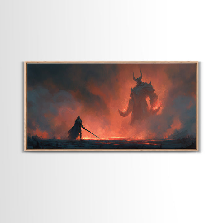Lone Knight Facing Fire Demon Wall Art, Dark Fantasy Art, Surreal Gothic Decor, Medieval Warrior, Epic Statement Canvas Print
