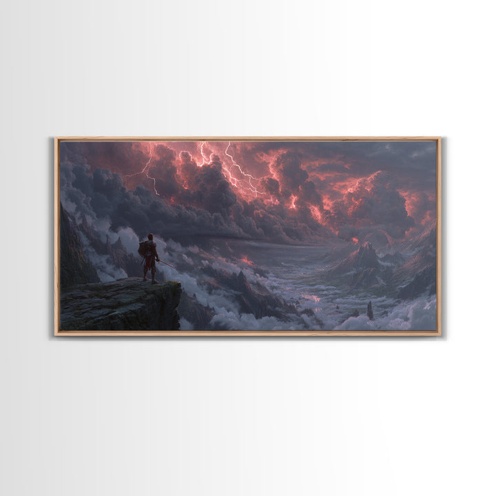Knight On Mountain Cliff Under Lightning Wall Art, Dark Fantasy Landscape, Epic Mountain Art, Gothic Decor, Canvas Print