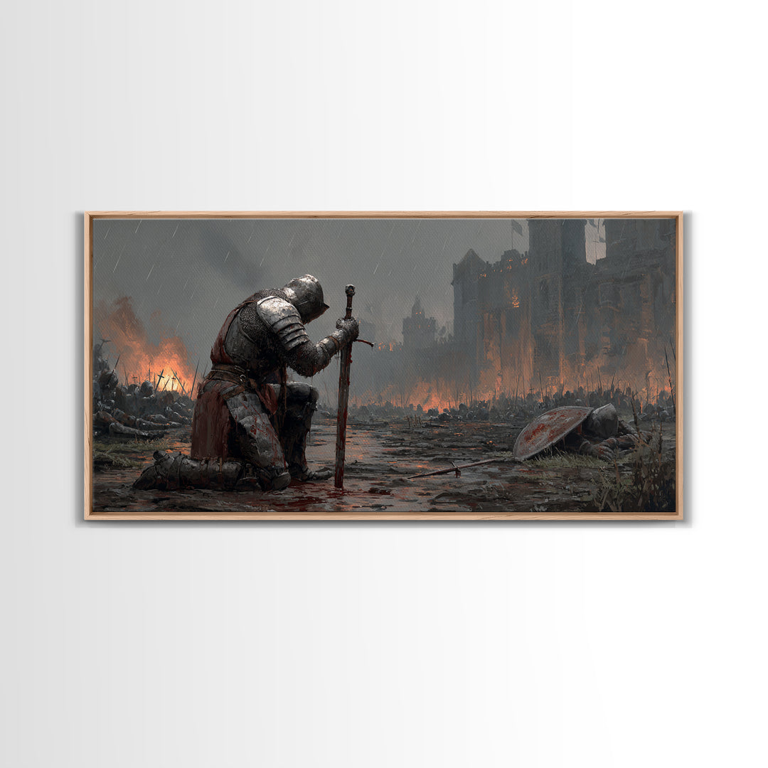 Kneeling Knight In Rainy Battlefield Framed Canvas Print, Dark Fantasy Wall Art, Medieval Castle Office Decor Gift For Him
