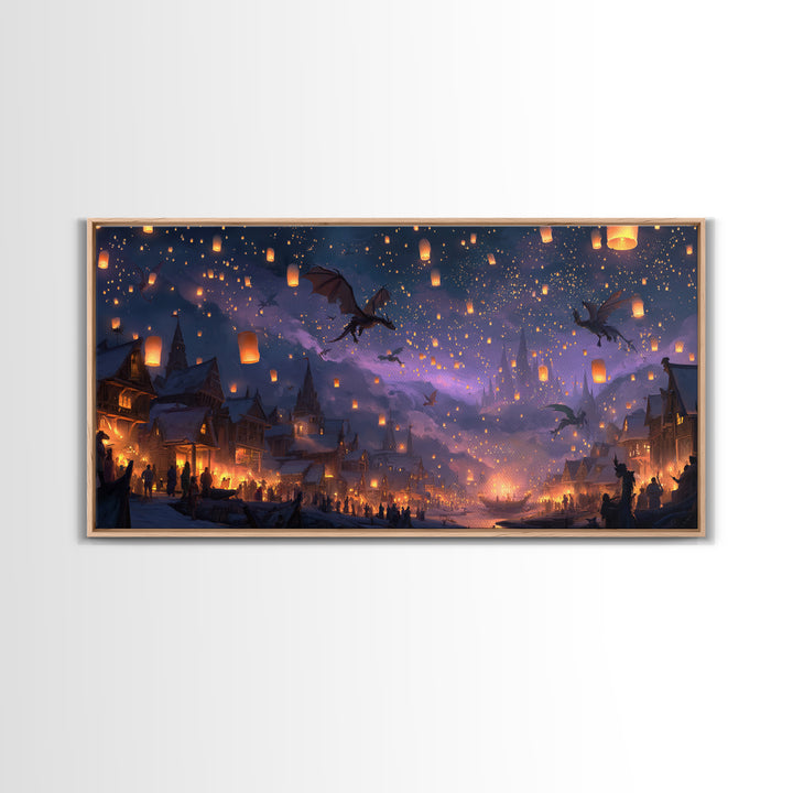 Dragon Lantern Festival Village Canvas Print, Fantasy Wall Art, Whimsical Night Sky Decor, Magical Kids Room Decor Gift Idea