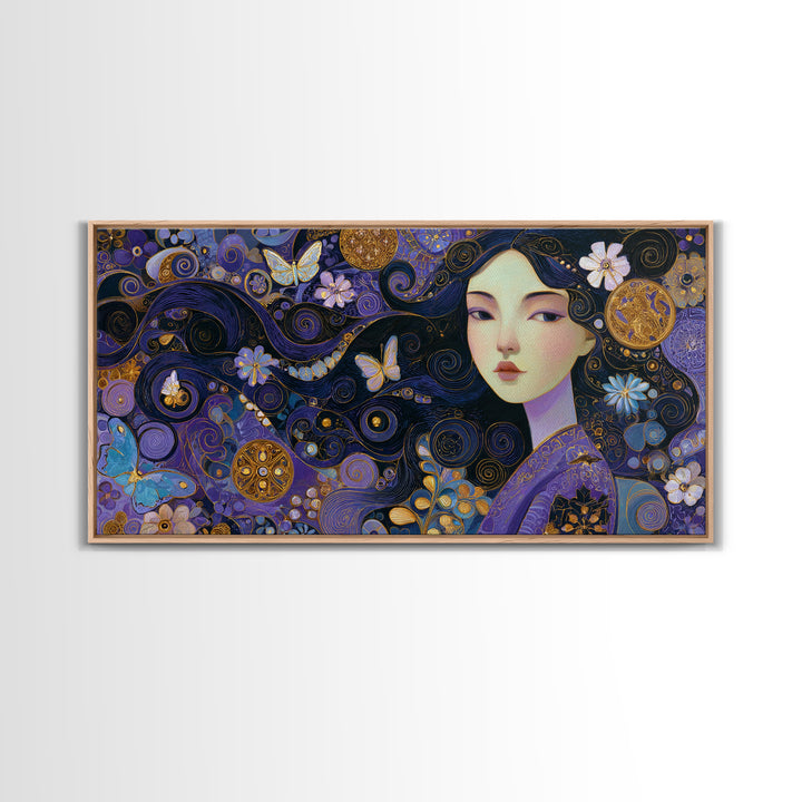 Purple Art Nouveau Woman Wall Art, Feminine Portrait Canvas Print, Butterfly Floral Decor, Gold Boho Gallery Wall Art Print