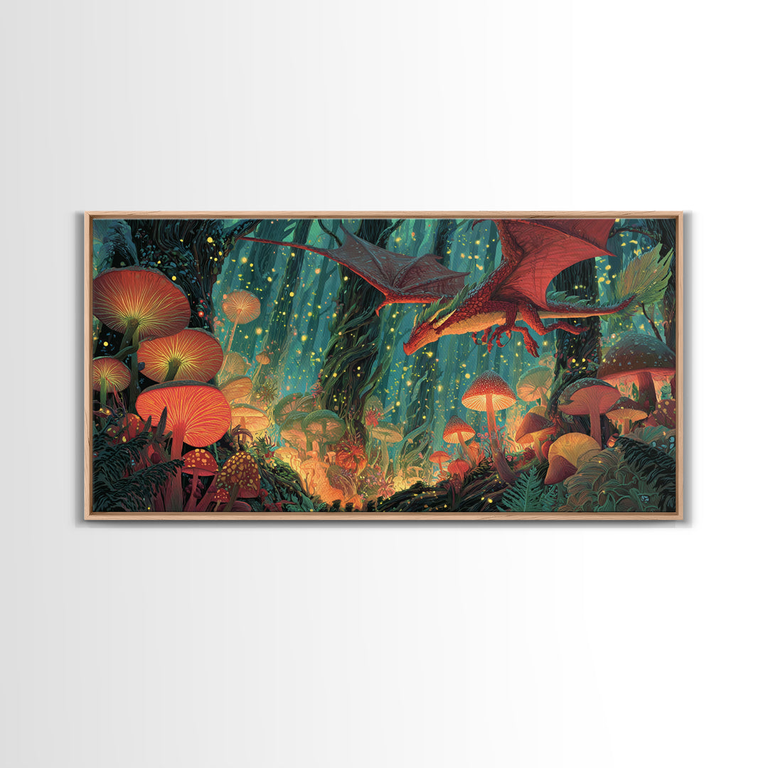 Red Dragon Over Glowing Mushroom Forest Wall Art, Whimsical Fantasy Canvas Print, Enchanted Woodland Kids Room Decor Gift