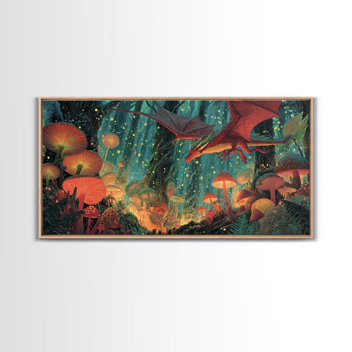 Red Dragon Over Glowing Mushroom Forest Wall Art, Whimsical Fantasy Canvas Print, Enchanted Woodland Kids Room Decor Gift